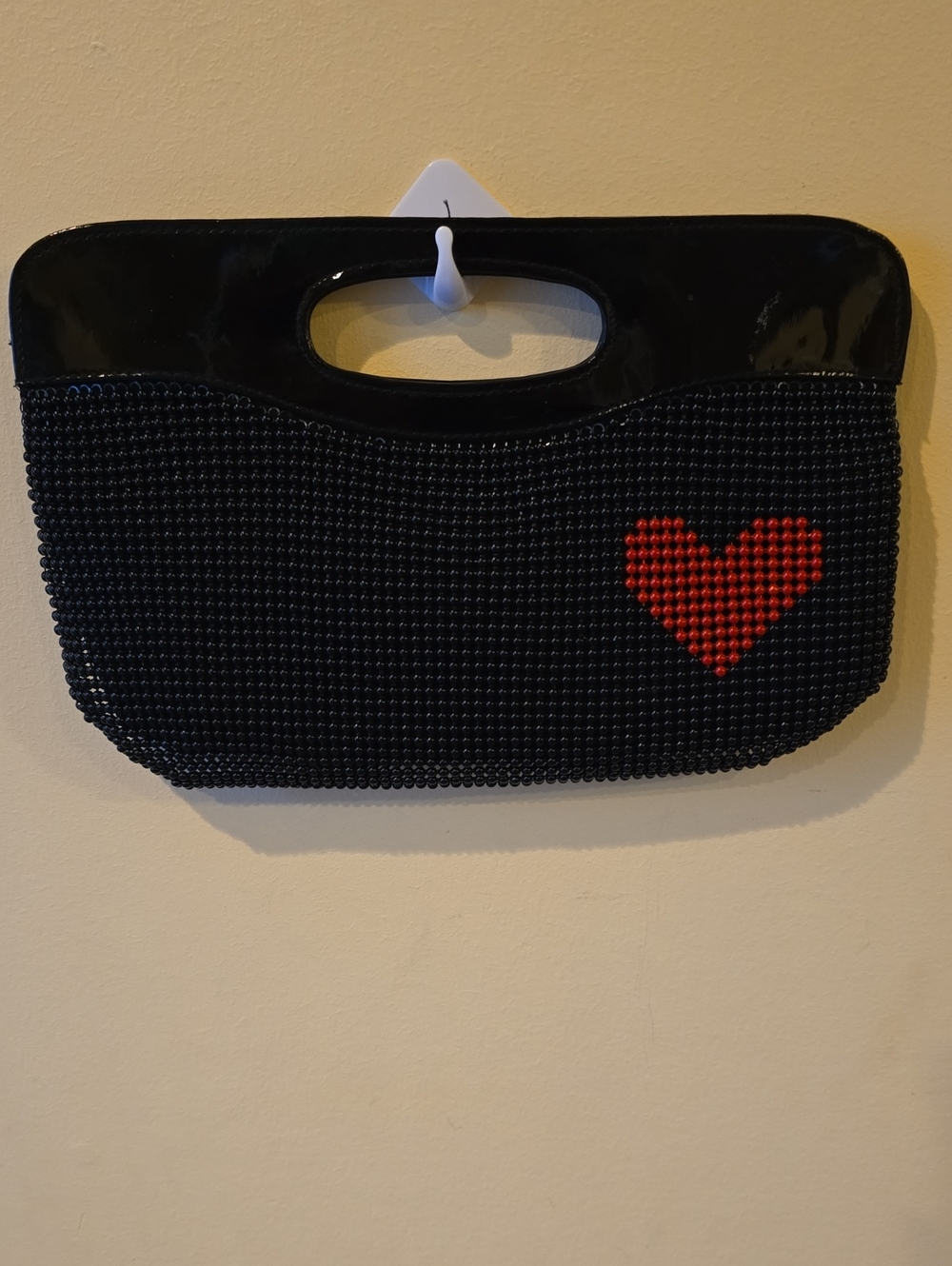 B.Bag Black Seed Bead Handbag with Red Heart Accent & Cutout Top Handle